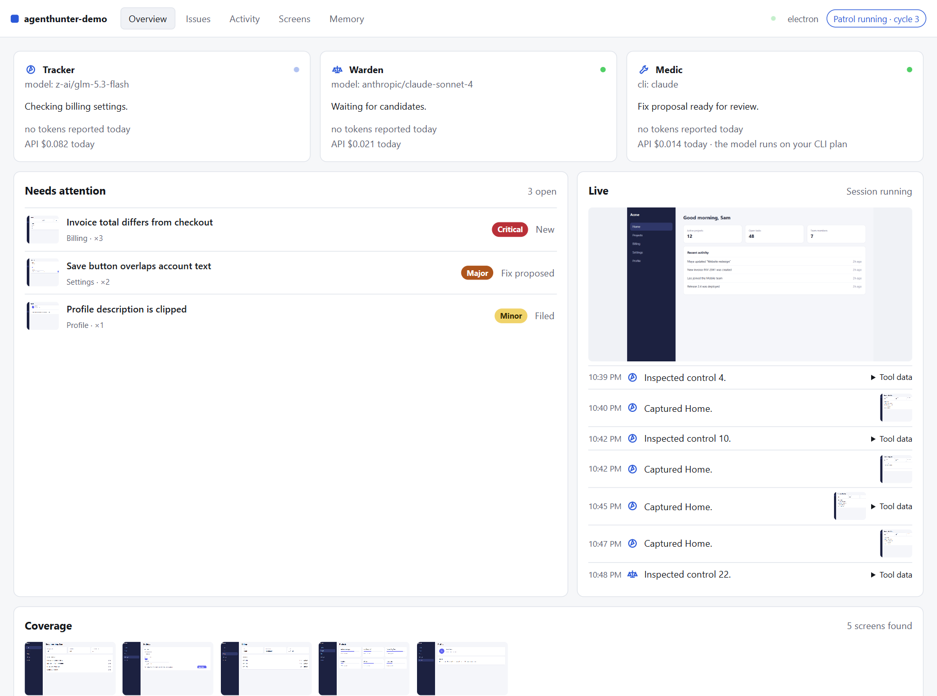 The Agenthunter control room: each agent's status, open bugs, and the live screen